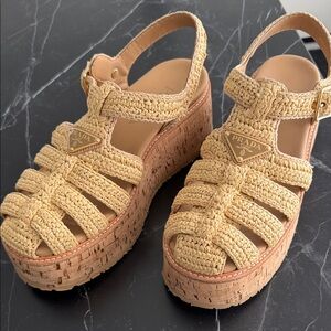Prada Women's Beige Woven Platform Sandals